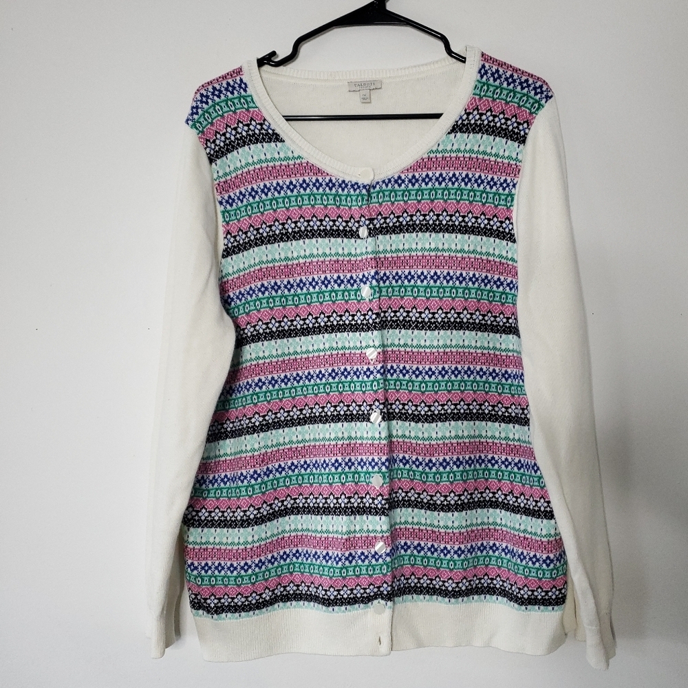 Talbots Cream Cardigan with Pink, Mint & Black Fair Isle Stripes
